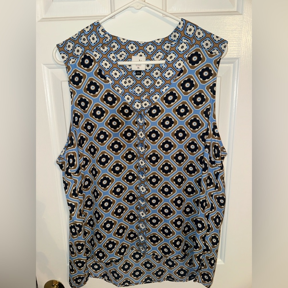 CAbi Blue and Black Geometric Sleeveless Blouse